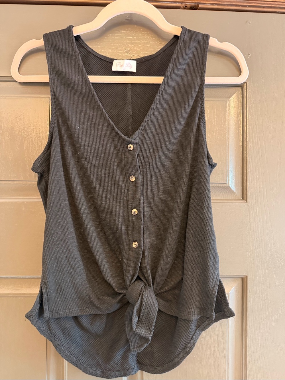 Pink Lily Black Ribbed Button Tie-Front Tank Top